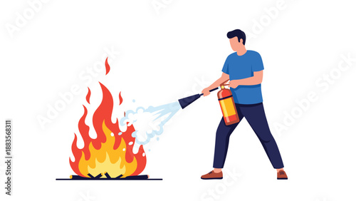 Man actively using a fire extinguisher to put out a large, blazing fire, illustrating fire safety, emergency response, and the importance of quick action in preventing damage.
