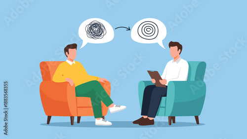 Two men in a therapy session, one expressing tangled thoughts while the other, a therapist, offers solutions for mental clarity, highlighting psychological counseling and support.