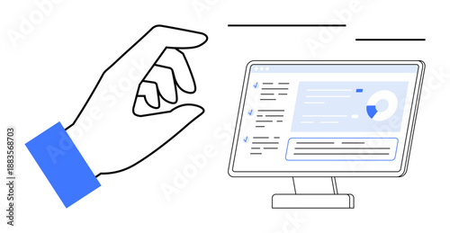 Technology, data visualization, user interaction, online tools, analytics, business solutions. A hand gesturing toward a monitor displaying data charts. Technology and data visualization concept