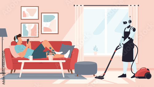 Man relaxing on a sofa, listening to music on headphones and using his phone, while a robot vacuum cleaner handles the housework, illustrating smart home automation and leisure.