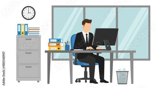 Professional businessman working diligently at his desk on a computer in a modern office, surrounded by office supplies and a window, depicting a typical workday.