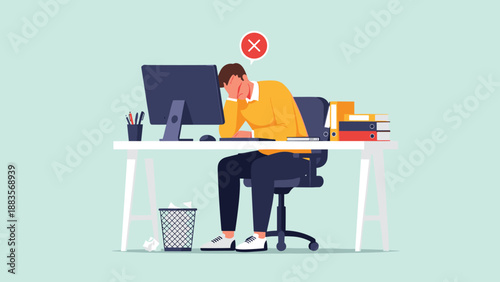 Exhausted and stressed businessman sleeping on his desk with a red 'X' mark, surrounded by overflowing papers, symbolizing burnout, overwork, and workplace fatigue.