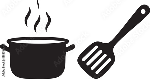 Cooking Pot and Spatula Silhouette Icons – Kitchen Utensils Black Minimal Cooking Tools Set