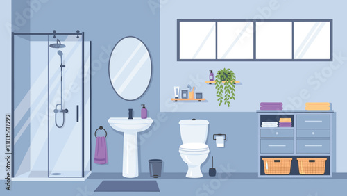 Modern and organized bathroom interior with a glass shower, toilet, pedestal sink, mirror, and storage cabinets, showcasing contemporary design and essential home fixtures.