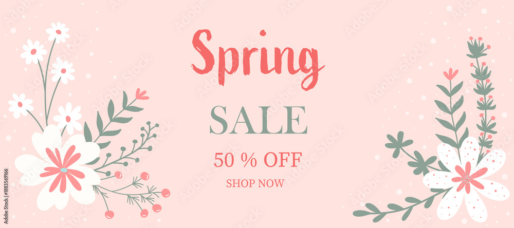 Obraz premium Card for spring sale and flowers on pink background