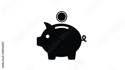 Simple black silhouette icon of a piggy bank with a coin dropping in, representing savings, finance, investment, budgeting, and the concept of accumulating wealth.