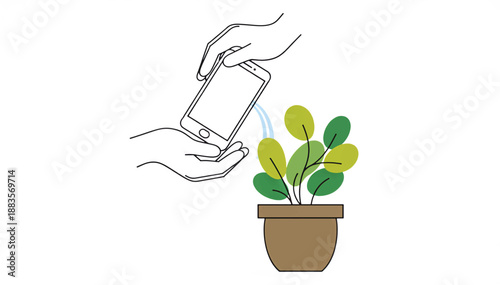 Hands watering potted plant with smartphone. Digital gardening app concept. Minimalist line art vector illustration