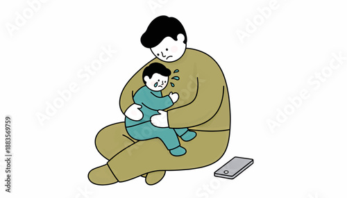 Tired parent comforting a crying child with smartphone on floor. Parenting burnout and invisible labor concept. Flat design vector illustration