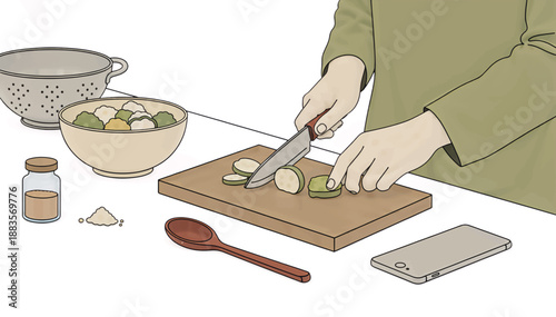 Person preparing food in kitchen chopping vegetables. Domestic work and invisible labor concept. Flat design vector illustration