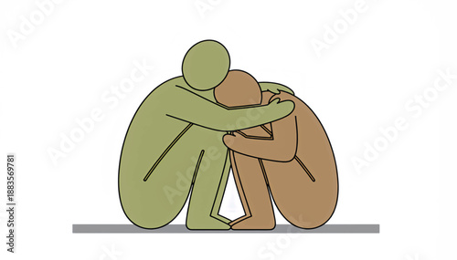 Support and comfort concept. Minimalist flat design vector illustration of two people sitting together. Empathy and mental health symbol. Vector graphic isolated on white background