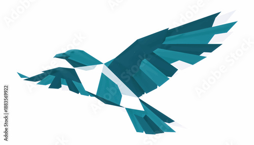 Geometric bird in flight vector illustration. Low poly abstract design with teal and blue polygons. Minimalist animal graphic isolated on white background