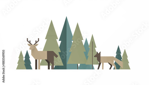 Geometric forest scene with deer and fox. Minimalist flat design vector illustration. Stylized woodland animals and pine trees isolated on white background