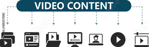 Video Content Infographic 7 Media Production and Streaming Icons in Monochrome for Digital Marketing, Platforms and Editing Workflows