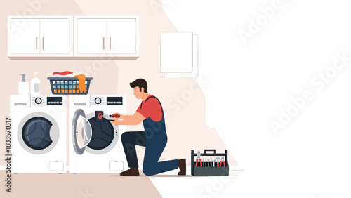 Appliance repairman in overalls fixing a washing machine in a laundry room, with a toolbox nearby and laundry basket, illustrating home appliance maintenance and professional service.