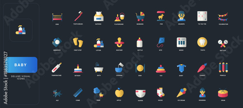Gradient flat style icons set with baby care, childhood activities, family, toys, food, hygiene, and playtime objects on dark UI background vector illustration.