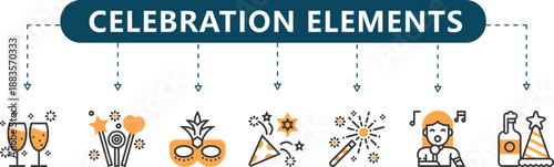 Celebration Elements Infographic 7 Party and Event Icons with Orange Accents for Holiday Marketing, Social Media and Festive Presentations