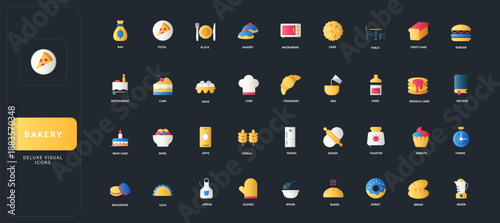 Gradient flat style icons set with bakery, cooking, pastry, kitchen utensils, desserts, and food preparation elements on dark UI background vector illustration.