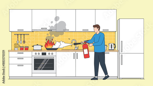 Man using a fire extinguisher to put out a kitchen fire on a stovetop, illustrating kitchen safety, emergency response, and quick action during a household accident.