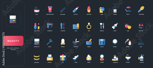 Gradient flat style icons set with beauty, wellness, hygiene, cosmetics, grooming, and self-care essentials on dark UI background vector illustration for modern visual design projects.