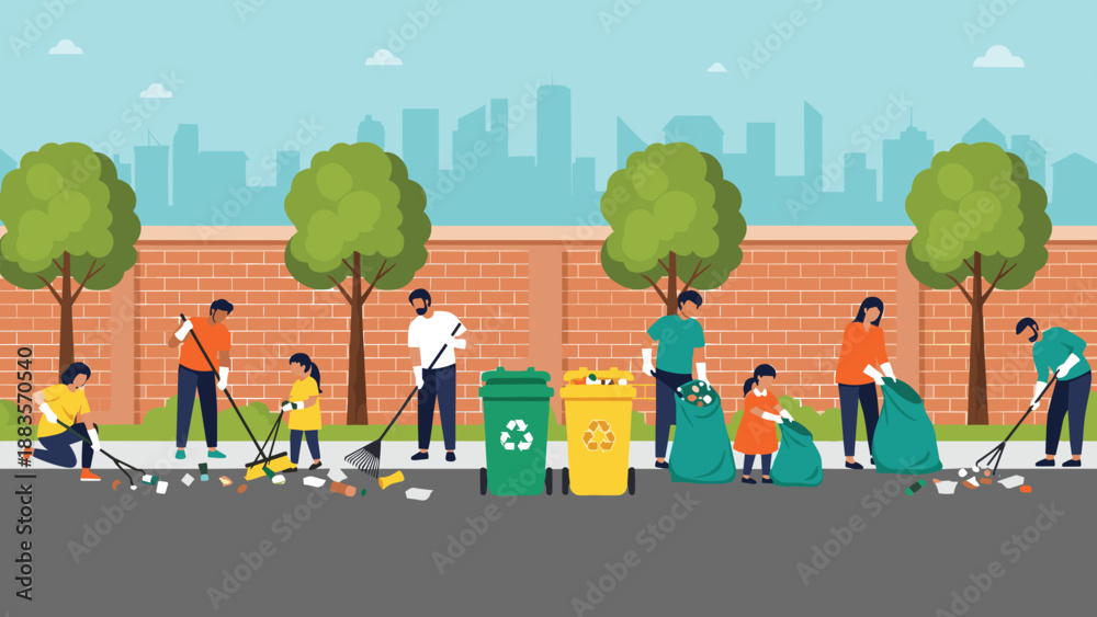 Fototapeta premium Community of diverse people, including children, engaged in a street clean-up, collecting trash and sorting it into recycling bins, promoting environmental responsibility and teamwork.