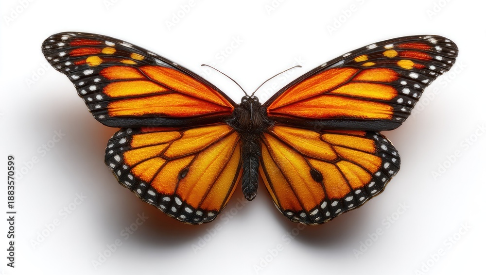 Obraz premium Vibrant monarch butterfly displaying wing patterns against white background