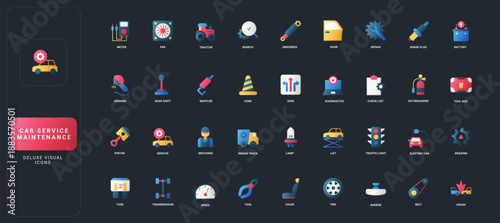 Gradient flat style icons set with automotive repair, diagnostics, mechanic tools, safety equipment, and vehicle maintenance elements on dark UI background vector illustration.