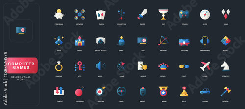 Gradient flat style icons set with gaming, strategy, racing, virtual reality, network, and achievement elements on dark UI background vector illustration.