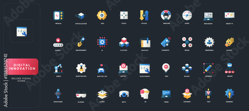 Gradient flat style icons set with medical, AI, robotics, web, renewable, VR, clusters, measurement, shipment, and engineering concepts on dark UI background vector illustration.