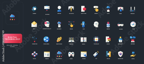 Gradient flat style icons set with digital technology, smart devices, cloud computing, AI, security, and online communication on dark UI background vector illustration.