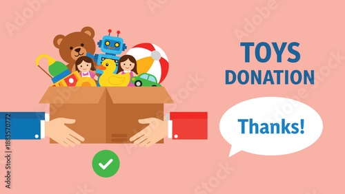 Two people holding a cardboard box filled with various toys, with "TOYS DONATION" and "Thanks!" in speech bubbles on a light pink background, symbolizing charity and giving.