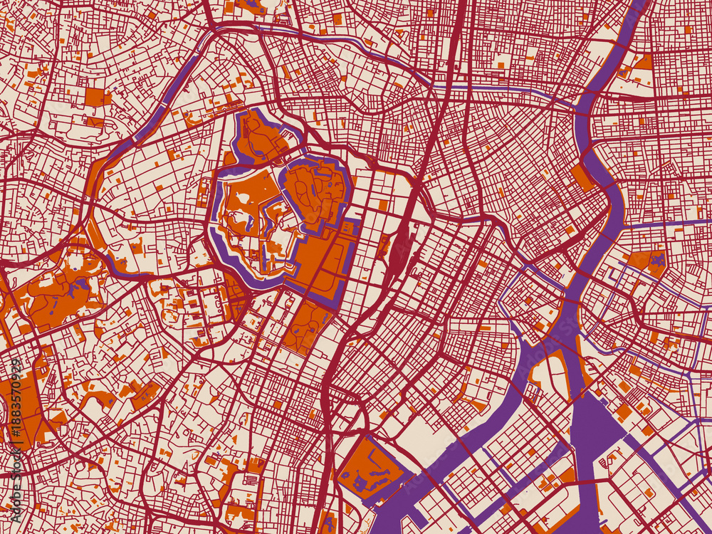 Obraz premium Minimal city map of Tokyo City Center, Japan with muted violet water and terracotta