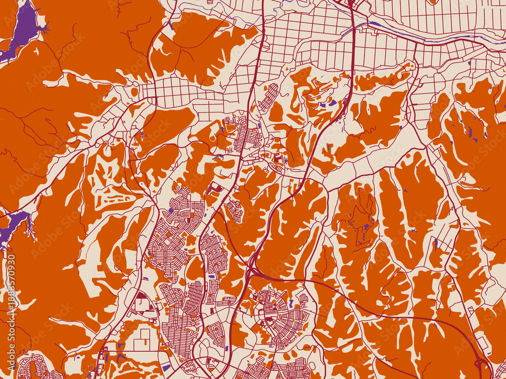 Naklejka premium City map of Tomiya, Japan — cream-toned map field with burgundy roads, terracotta highlights and muted violet water shapes