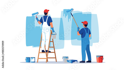 Two skilled painters in work overalls and red caps are busy painting a wall blue using rollers, demonstrating teamwork and professional home renovation or interior design.