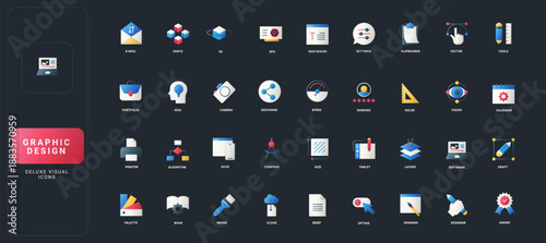 Gradient flat style icons set with creative graphic design, digital tools, interface elements, and workflow symbols on dark UI background vector illustration.
