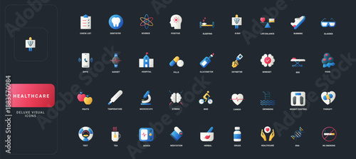 Gradient flat style icons set with medical, wellness, fitness, nutrition, diagnostics, and therapy elements on dark UI background vector illustration for comprehensive healthcare topics.