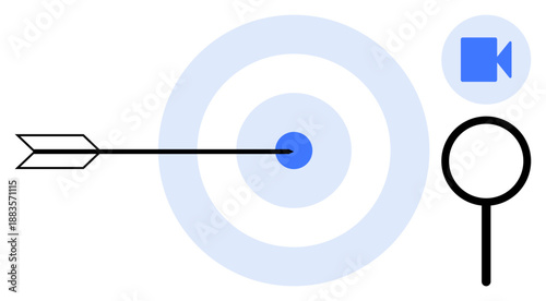 Marketing strategies, accuracy improvement, search tools, media targeting, video production, data analysis. Arrow hitting bullseye, magnifying glass video icon. Marketing strategies and accuracy