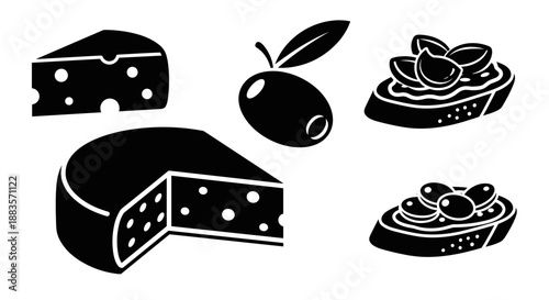Black and white illustration of cheese and fruit
