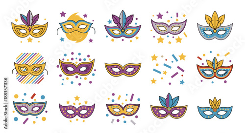 Colorful mardi gras masks with confetti and stars