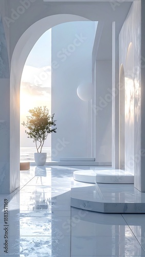 Minimalist White Interior with Archway and Plant in Sunlight.