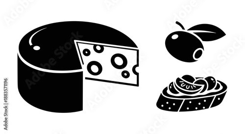 Black and white illustration of cheese, apple and chocolate cake