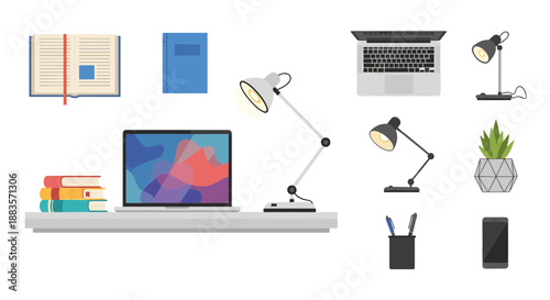 Collection of office supplies and gadgets