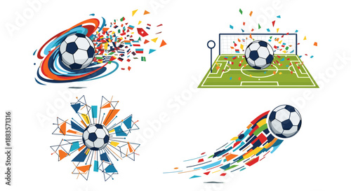 Vibrant soccer ball graphics with colorful confetti and starburst effects