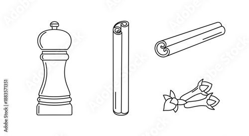 Pepper mill and salt shaker with rolled and tied spice sachets