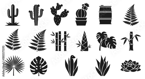 Collection of various tropical plants and cacti in black silhouette