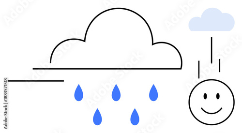 Weather concept. Weather symbol a cloud releasing raindrops while a smiling face emerges, positivity during rainfall. For mood, season, optimism, meteorology, and nature ions