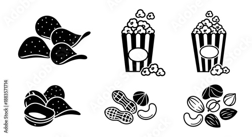 Black and white movie snacks illustrations including popcorn and nuts