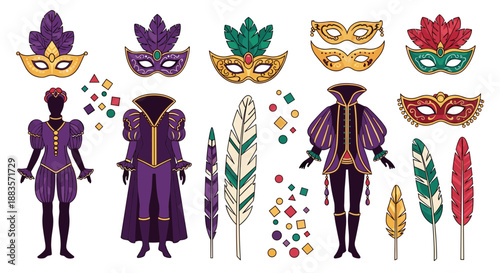 Mardi gras masks and costumes with feathers and confetti