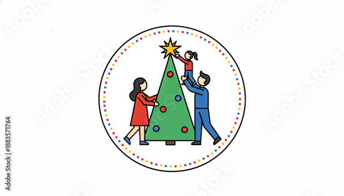 Family decorating Christmas tree with star. Parents and child celebrating holiday together. Flat design vector illustration