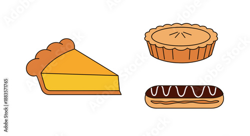 A cartoon illustration of a slice of pie and a whole pie with a eclair