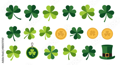 St patricks day clover leaves and shamrock icons with gold coins and hat